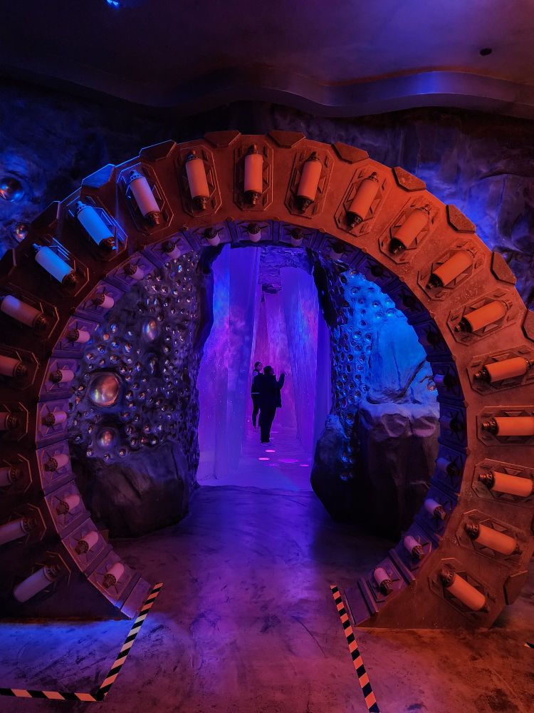 A metallic "stargate" like structure that serves as the entry point to the art installation "Dreamwalk Park" in Orem Utah
