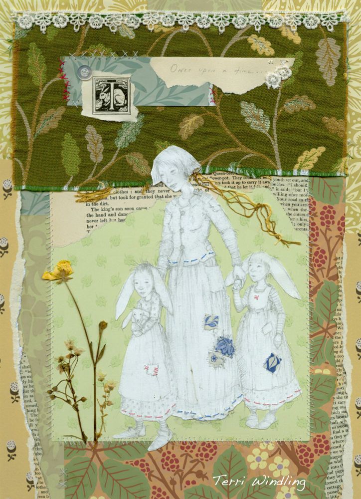 Image: a collage of mine titled Once Upon a Time, depicting two bunny girls with a human friend and a rabbit friend. Medium: a pencil drawing with printed paper, fabrics, threads, and foliage. 