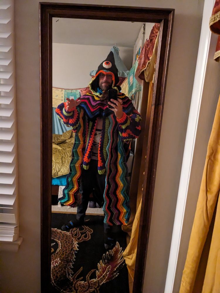 Me wearing a crochet wizard outfit I made.