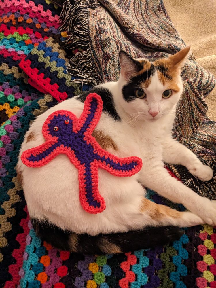 Crochet yarn person and Pepper.