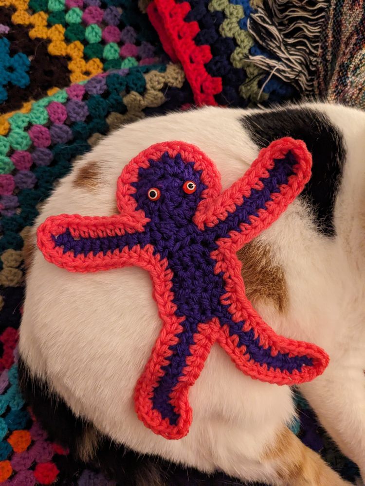 Small crochet person on our cat Pepper.