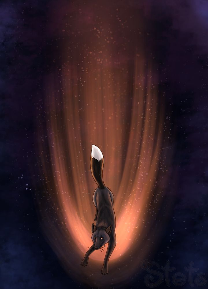 A digital painting of a fox character falling, with a trail behind her resembling that of a falling star. The camera is zoomed out to show a vaguely space-themed background behind the trail. (Character owned by Unikorppu)