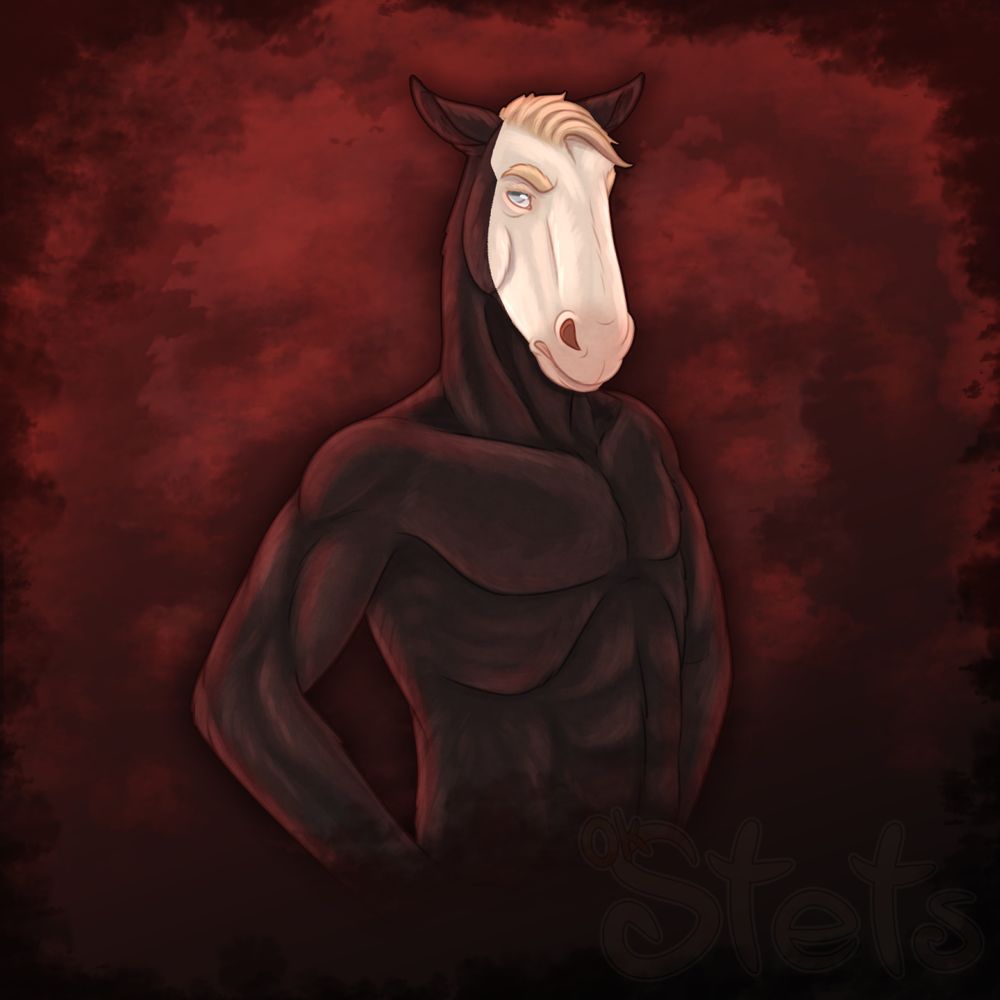 A digital halfbody drawing of an anthro horse character. They have an angry expression while their hands are placed on their hips.