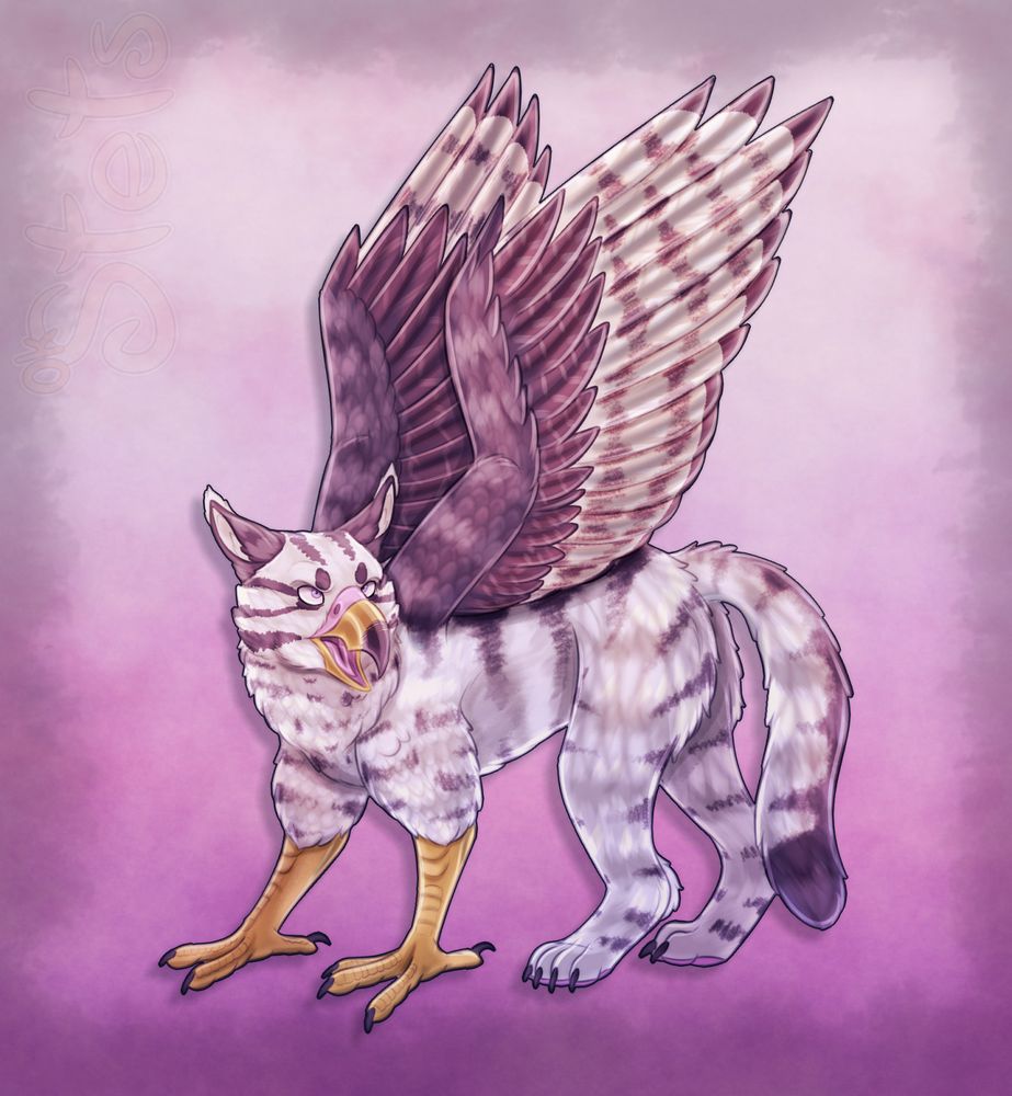 A digital drawing of a gryphon character arching his back. He has an angry expression on his face with raised wings and a poofy tail, clearly angered by something unseen offscreen. (Character owned by SpiritCrowArt)