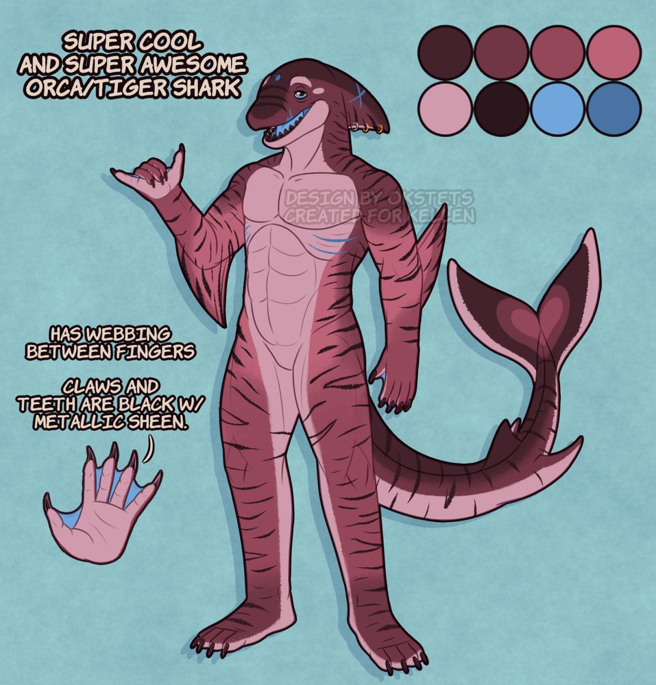 A mini reference sheet of an anthro orca/tiger shark hybrid character. They are doing the "hang loose" sign with their hand in the main pose with a chill expression on their face. An additional reference for their finger webbing is shown on the bottom left corner of the image.