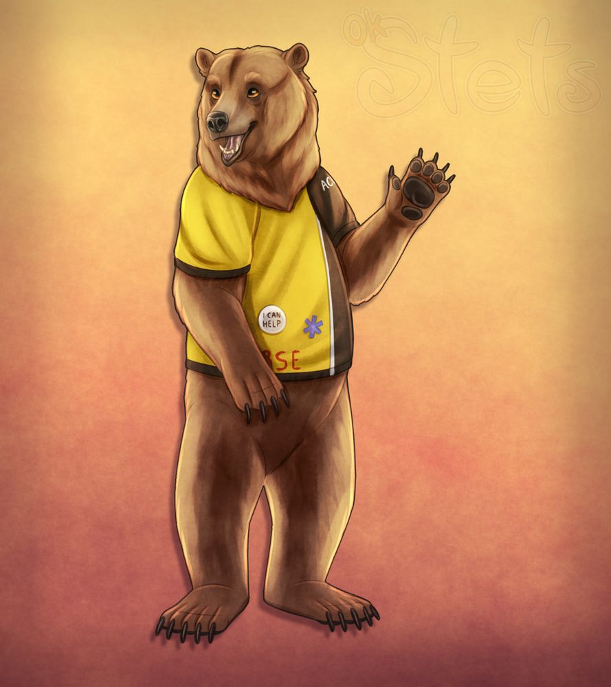 A digital drawing of a Kodiak bear character standing on her hind legs and waving. She is wearing a yellow and black nurse's shirt.