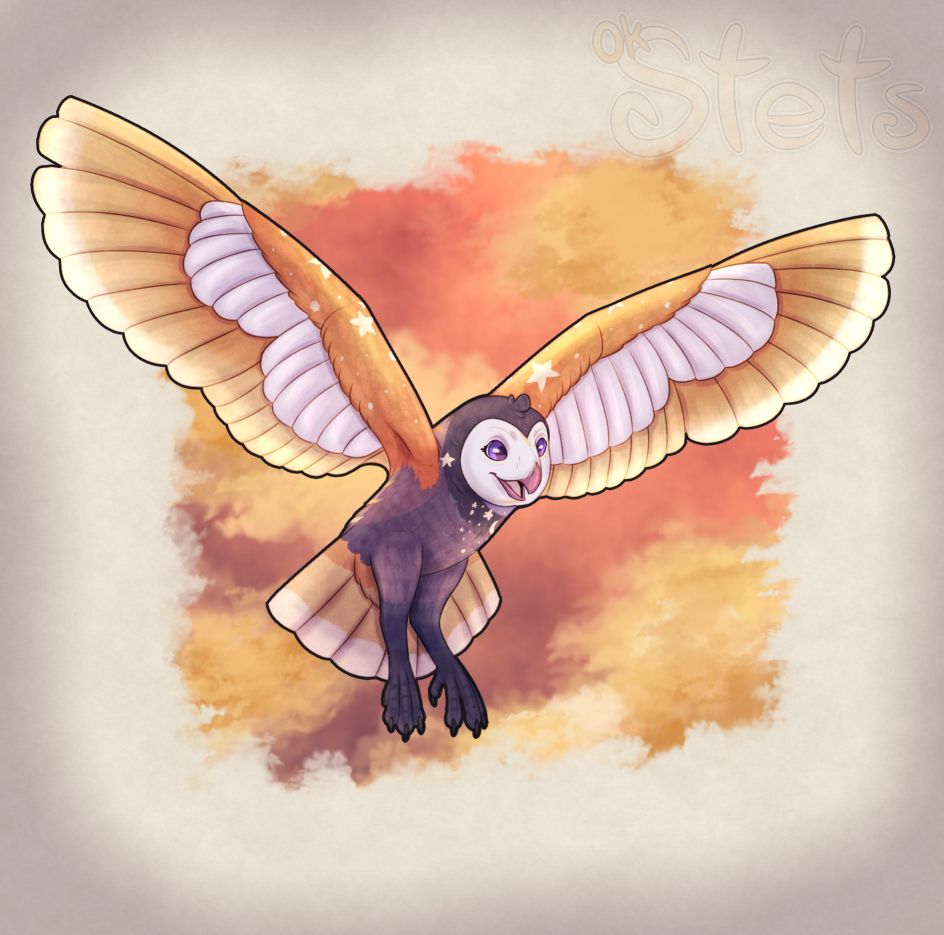 A digital drawing of an owl character flying. They have a smiling expression while looking at something off-screen. The lighting for the scene uses sunset colors, with pink and yellow clouds in the backdrop. (Character owned by Colonel)
