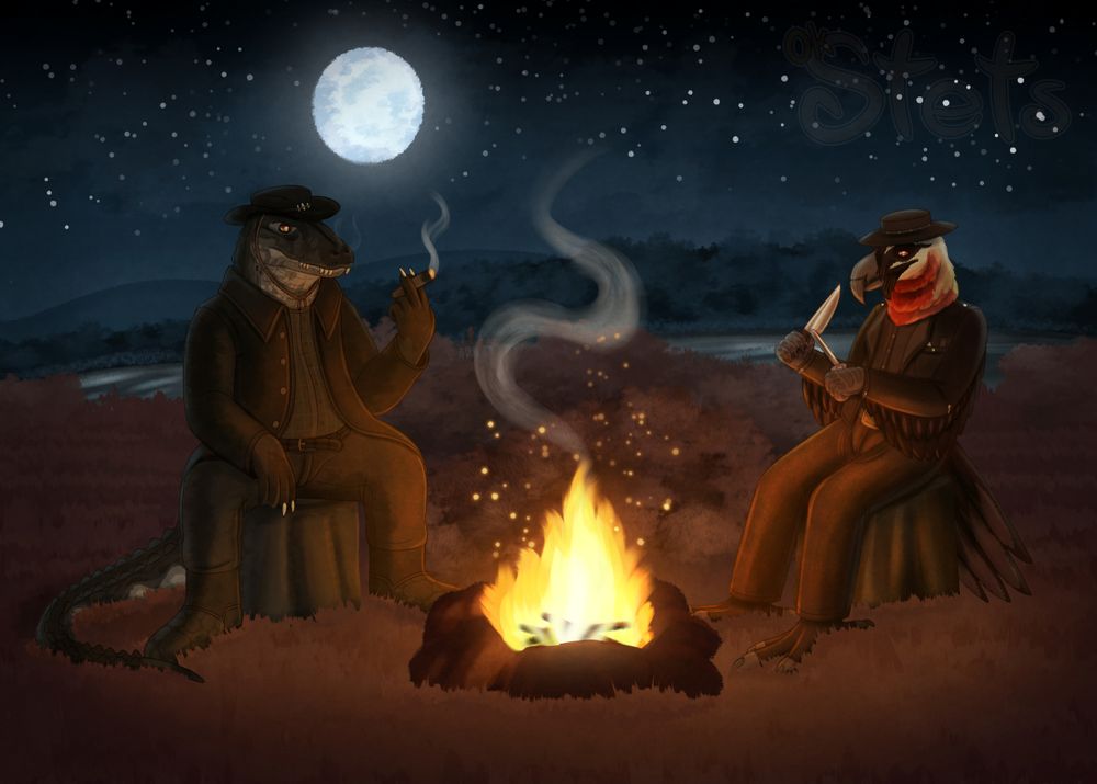 A digital painting of a campfire night scene. There's a fire in the center of a frame with smoke and sparks emitting from it. To the left of the fire, there is an anthropomorphic alligator character sitting on a log and smoking a cigar. To the right, there is a bearded vulture character sitting on a log and sharpening a knife. There is shrubbery and a river that's barely visible in the background. (Characters owned by WanderingWastelands)
