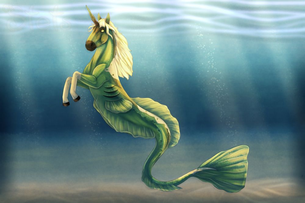A digital drawing of an aquatic equine-based character. They are floating underwater with sun rays shining behind them. (Character owned by CanisLunaticus)