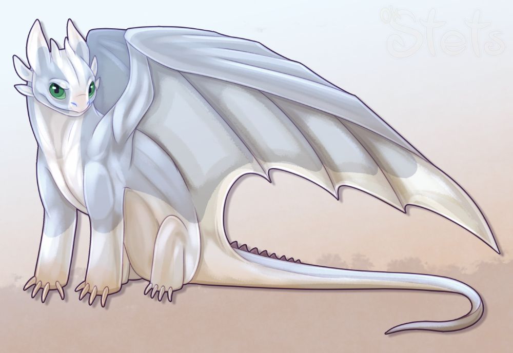 A digital drawing of a HTTYD Fury OC. He has silver and white scales with green eyes. He is sitting while looking at the camera with a smug expression.