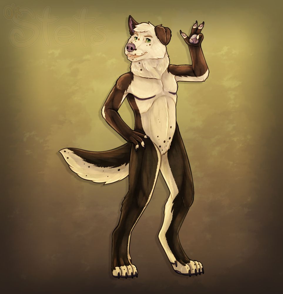 A digital drawing of an anthro dog character. He is standing in a neutral pose and holding up a peace sign.
