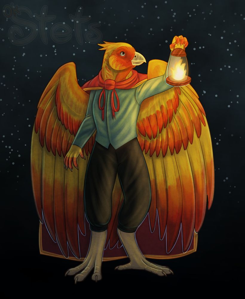 A digital drawing of a canary aarakocra holding up a lantern. He has a worried expression while looking at something in the distance. Stars can be seen faintly behind him.