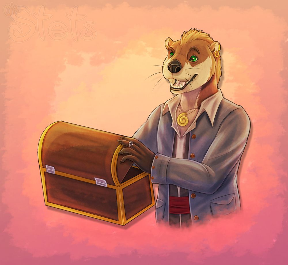 A digital halfbody drawing of an anthro otter character opening a chest. He has an eyebrow raised while looking inside.
