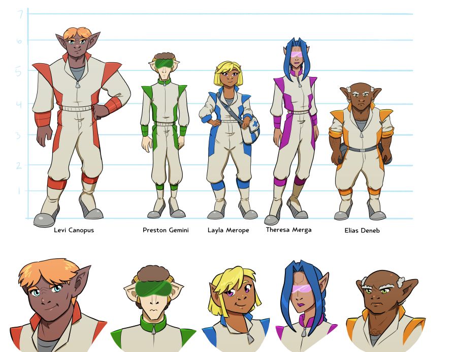 Lineup of alien characters in color coded jumpsuits.