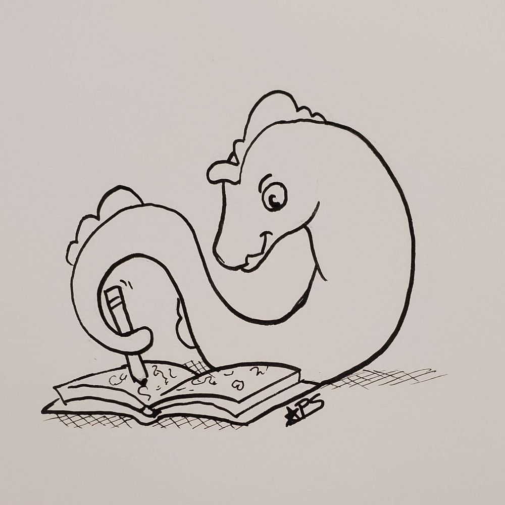 A cartoon eel doodling in a sketchbook.