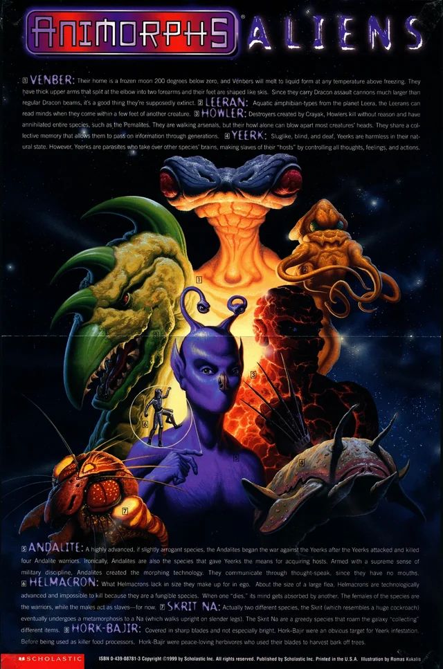 Poster from Scholastic detailing aliens from the novel series Animorphs. A bunch of painted alien busts float on a starry background with text above and below.