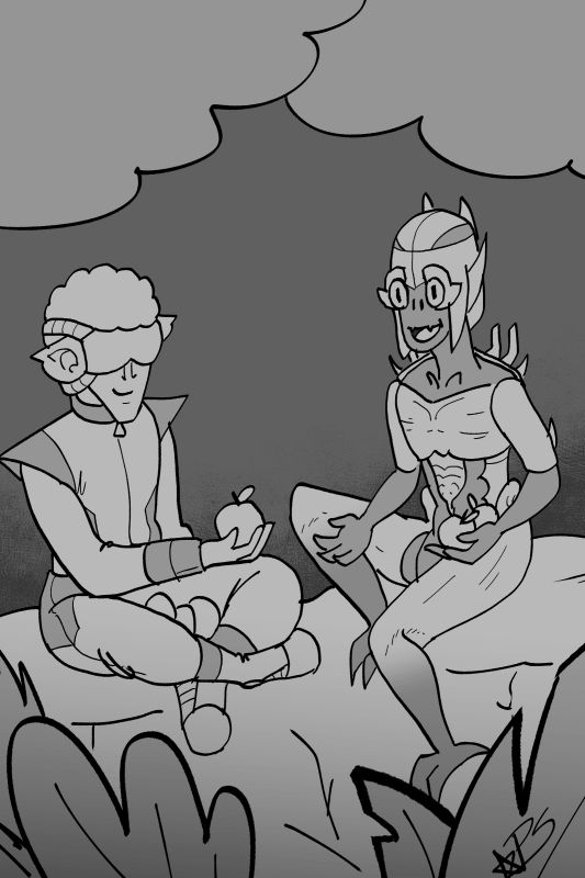 An alien and a demon enjoying apples in a forest.