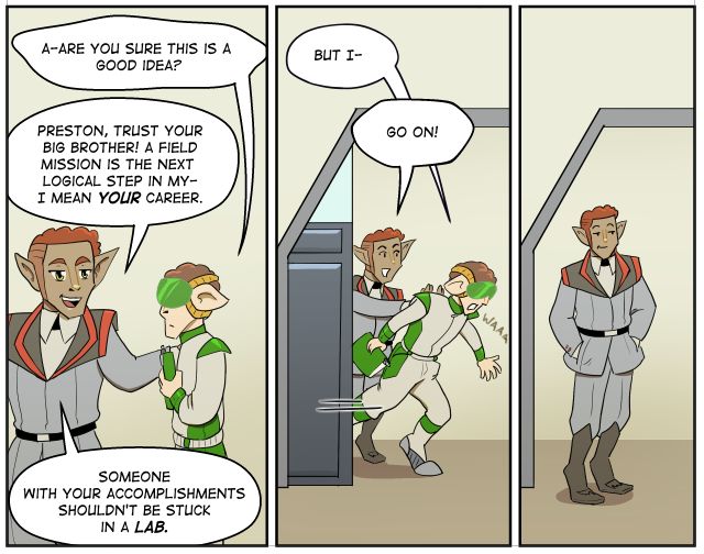 2 siblings talking: a manager and a worker. The worker asks with a stutter if the manager thinks this is a good idea. The manager makes a poorly veiled excuse and shoves the worker out the door.