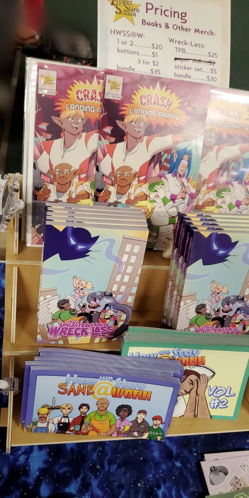 A shelf full of colorful comics