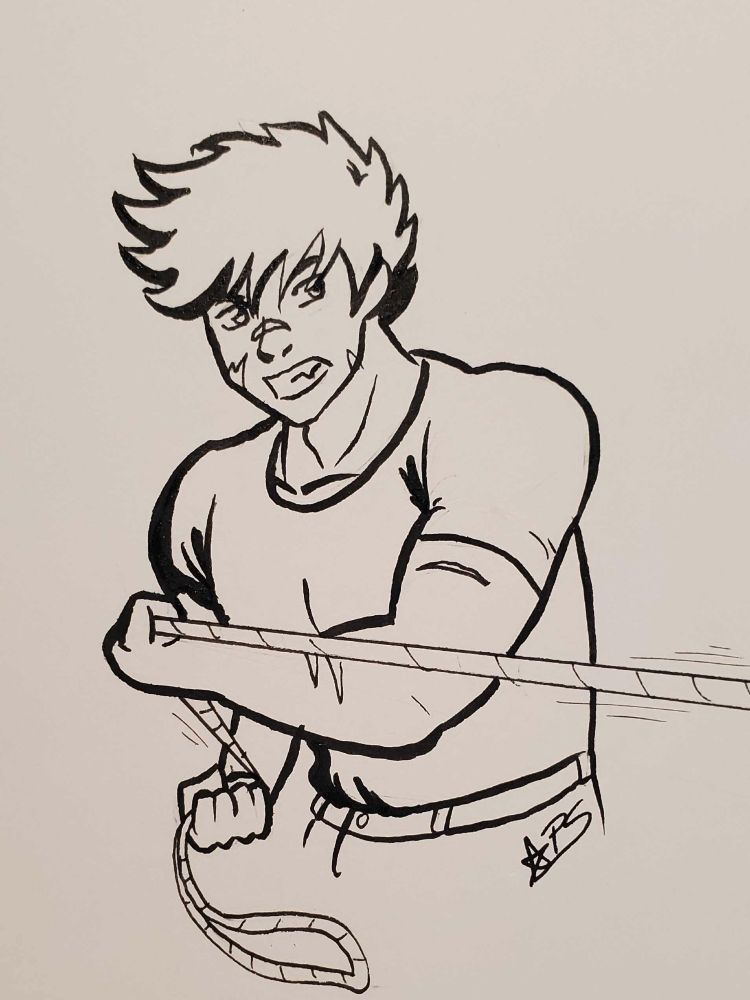 A buff determined man pulling on a rope. It seems to be attached to something off screen.