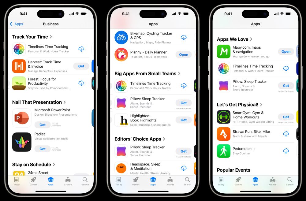 Three screenshots of the App Store, showing the Timelines app being featured in the 'Track Your Time', 'Big Apps From Small Teams', and 'Apps We Love' lists.