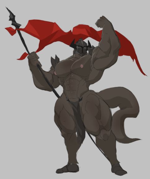 Cole wearing a gladiator helmet with his dark lioncloth, while holding his spear with a red cloth attached.
