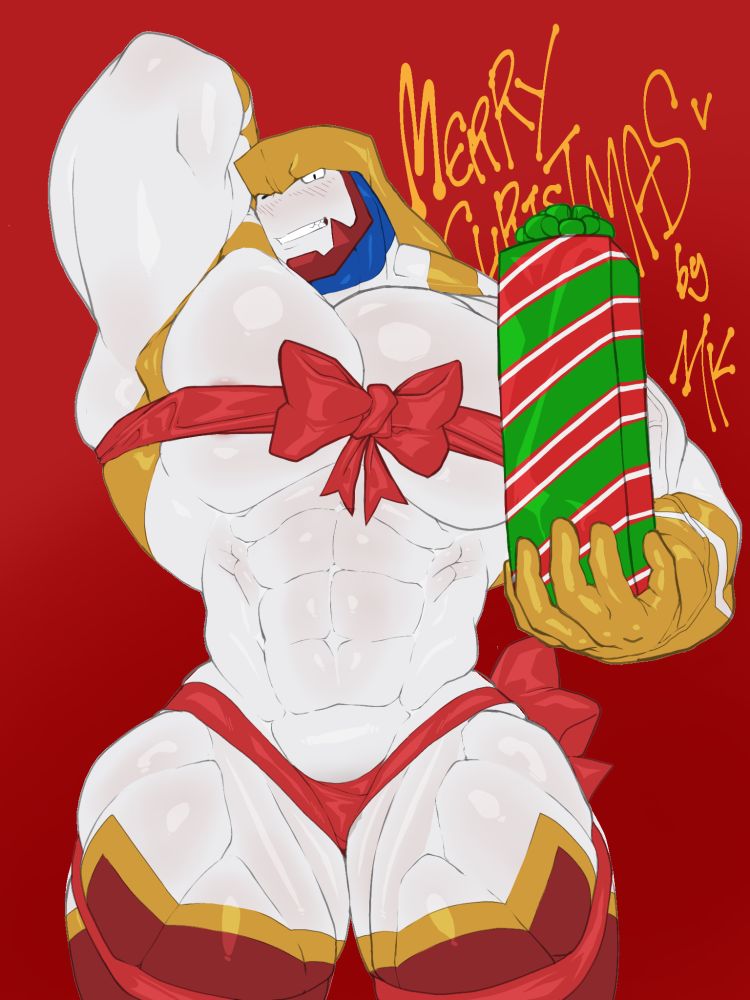 Mike wearing red ribbons on his chest and groin while giving you a long presnet~