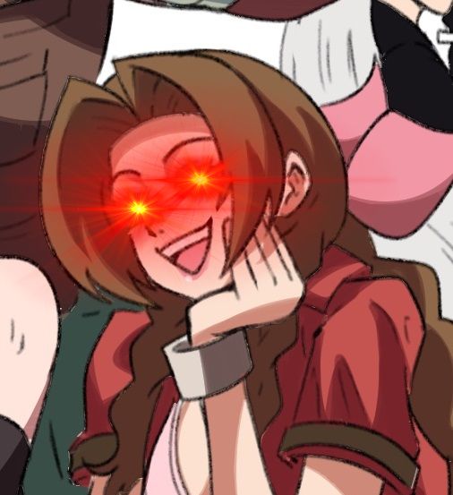 Aerith from Final Fantasy 7 smiling with laser eyes