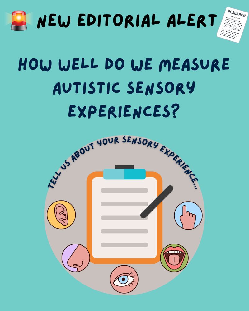 A teal background graphic with the title “New Editorial Alert” at the top, featuring a red siren emoji and a paper labelled “Research.” The main text reads, “How well do we measure autistic sensory experiences?” Below, a circular graphic shows a clipboard with a pen, surrounded by icons representing the five senses: an ear (hearing), a nose (smell), an eye (sight), a mouth (taste), and a hand with a pointing finger (touch). The text around the circle reads: “Tell us about your sensory experience…” 