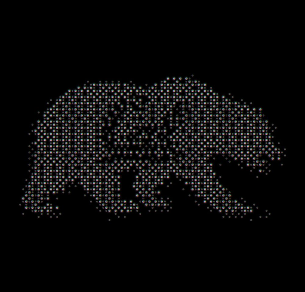 Cal bears logo made from illuminated dots on a black background.