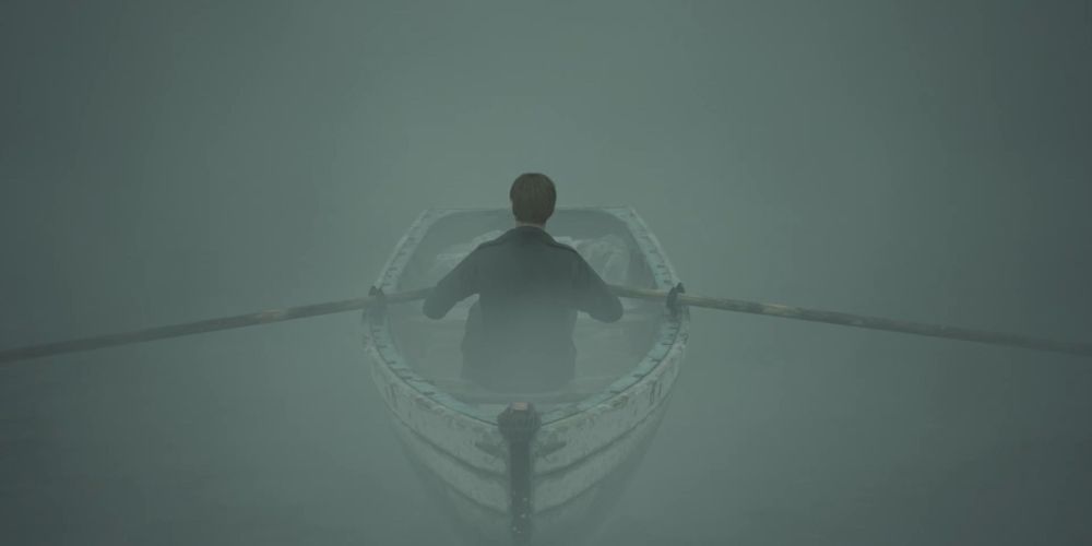 James Sunderland in the fog rowing a boat.