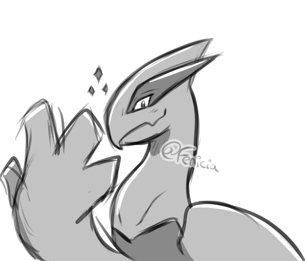 A black and white Lugia sketch. They are slightly smiling and looking proud with their wing showed off