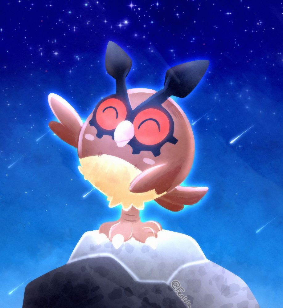 A little Hoothoot being happy on top on a rock. The background is a starry night sky