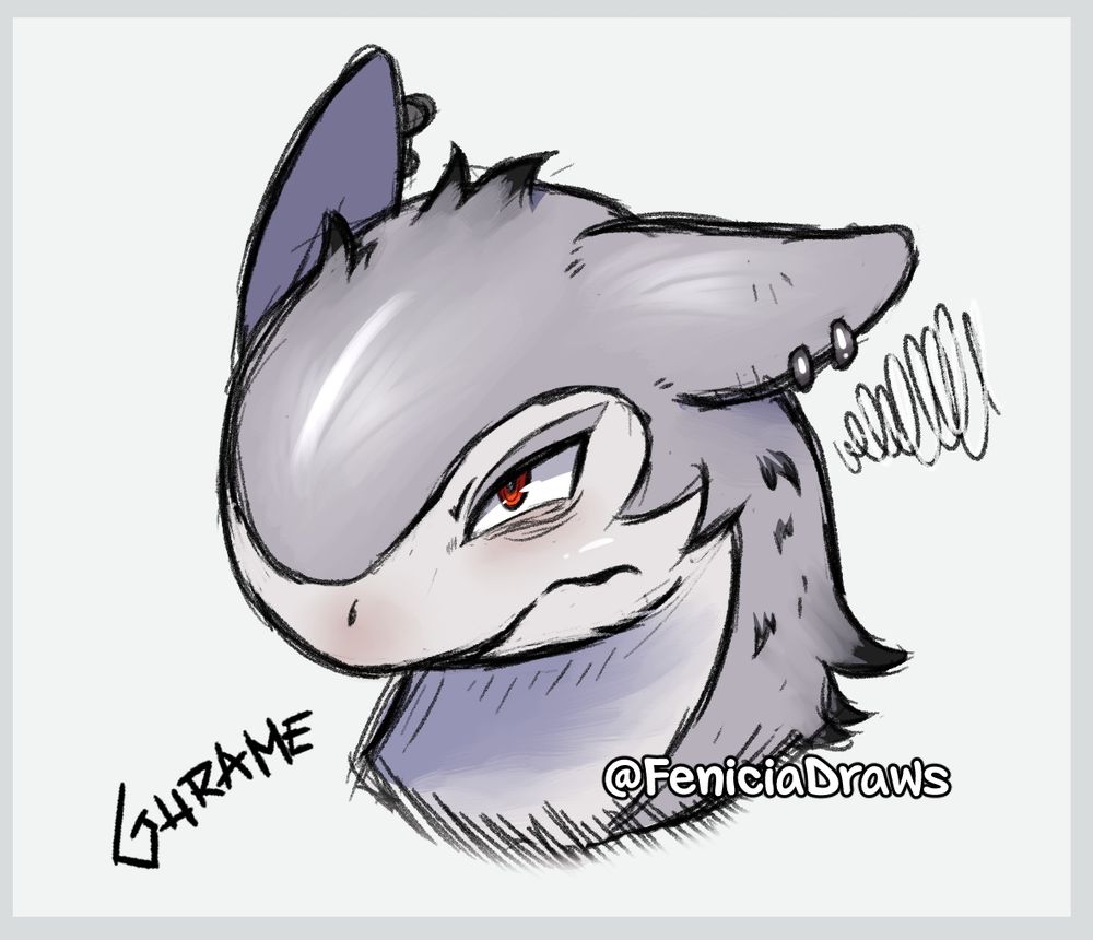 Headshot of a Typhlosion OC. He has a grey fur with lot of spiky hair. He has a tired and grumpy look on his face