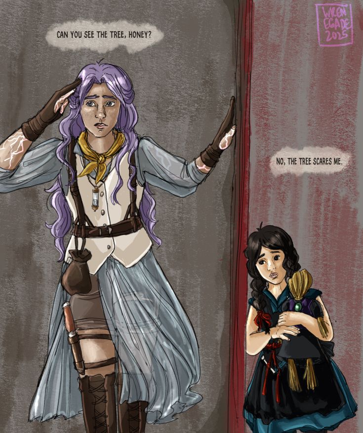 A digital sketch of Imogen and child Laudna (Matilda) from Critical role campaign 3, bells hells. Imogen leans on a wall and says, “can you see the tree, honey?” Matilda, on the other side, says “no, the tree scares me.” Laudna clutches a doll that looks like Delilah Briarwood.