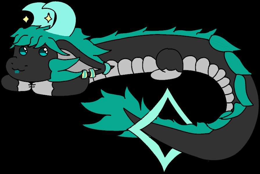 A small oriental dragon, primarily black, light grey underbelly, dark cyan fluff. It is laying down and looking at the viewer with its tongue sticking out a little.