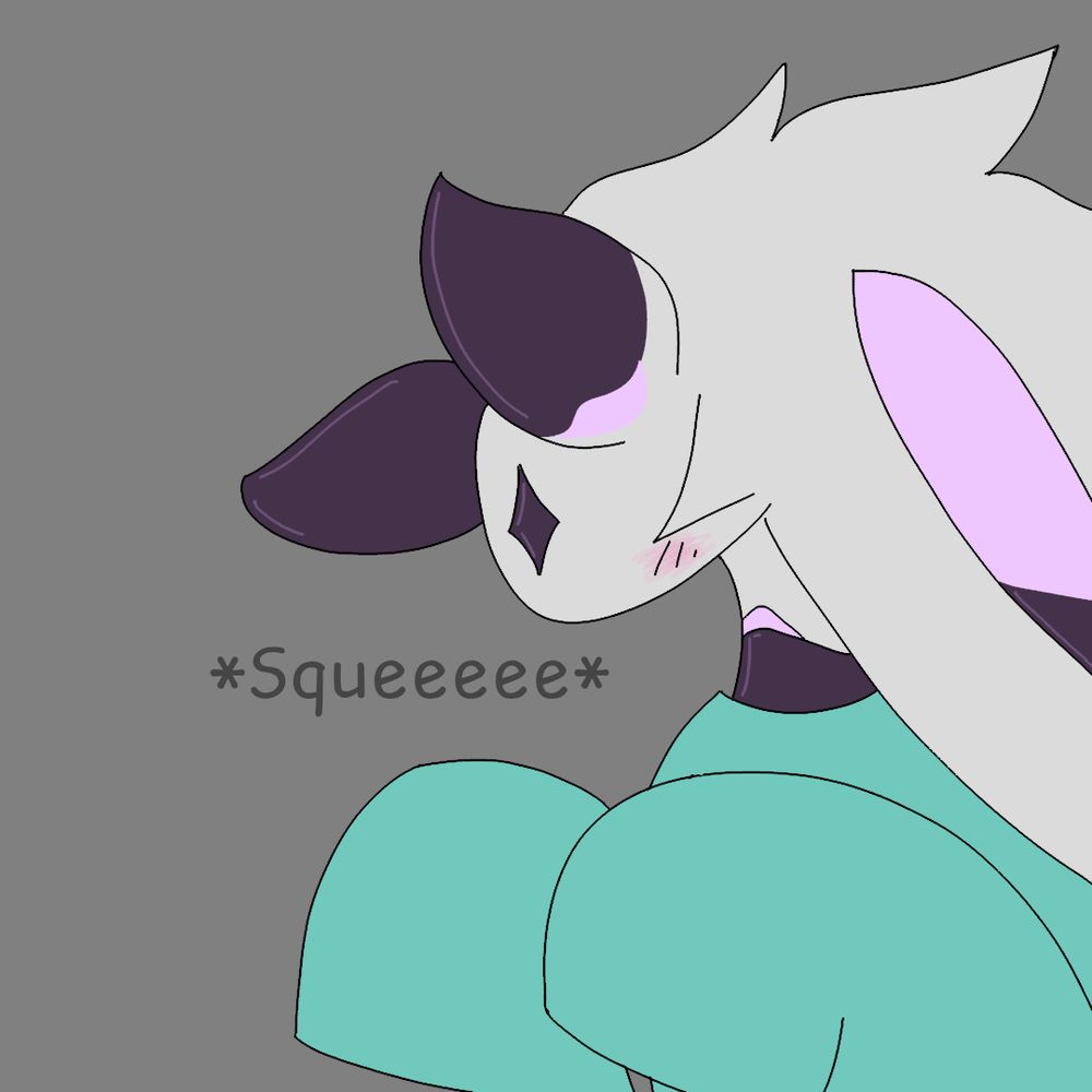 A white moth-like creature in a cyan oversized sweater, it is blushing a little and emitting a little squeak
