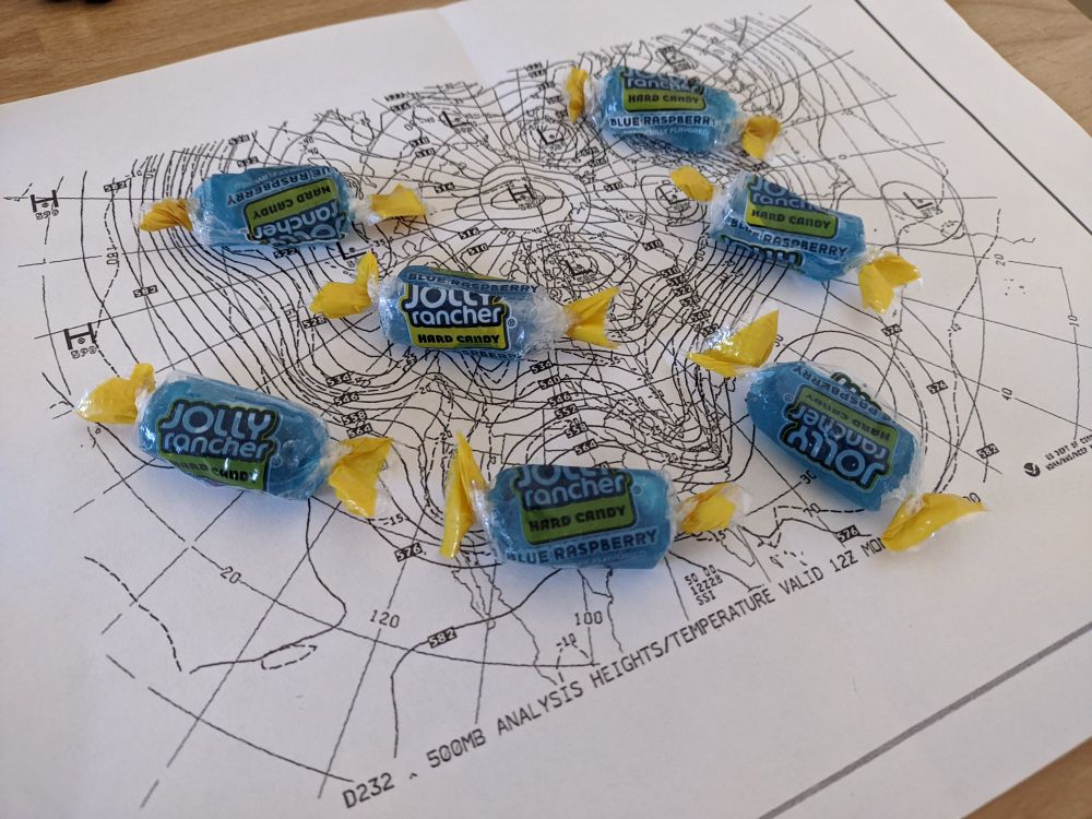 500mb analysis map with Jolly Rancher candy on top