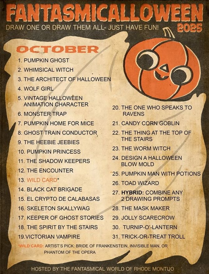 Prompt list with giant friendly Jack-o-lantern art by Rhode Montijo!