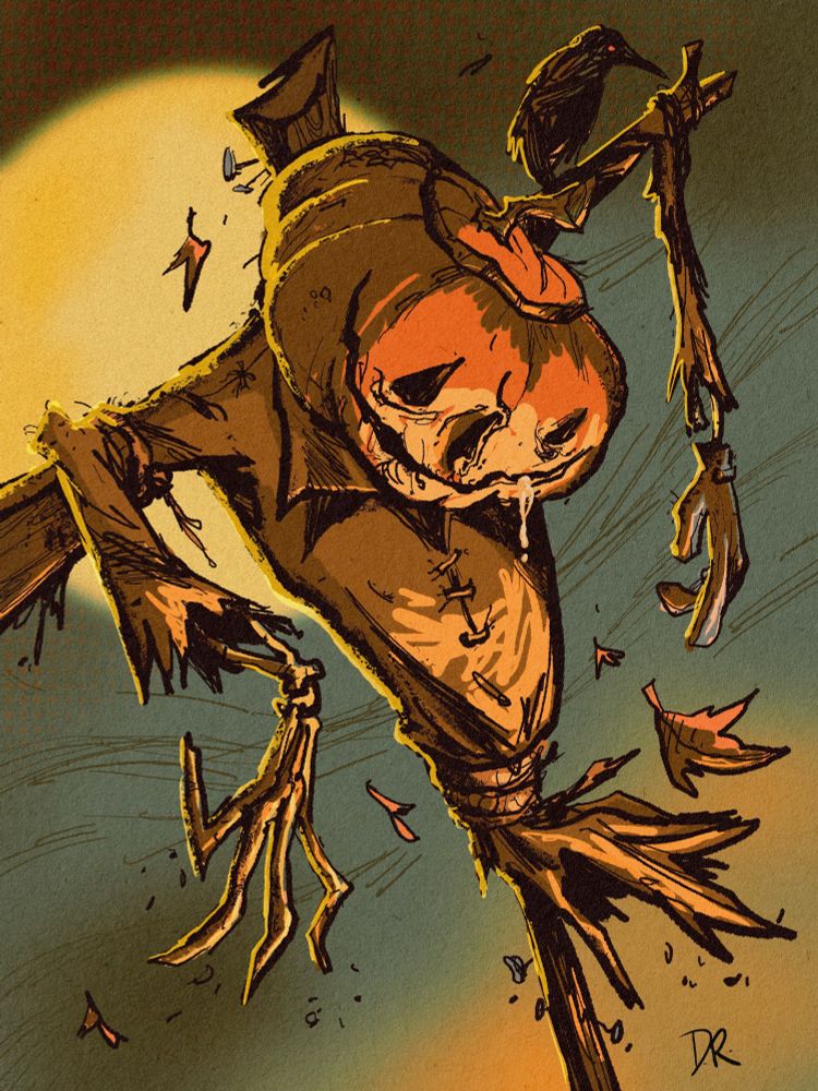 A drooling scarecrow swaying in the autumn night breeze. A crow is perched on his right arm.