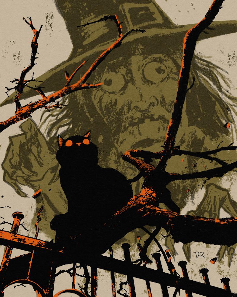 A black cat with orange eyes, sitting on a twisted tree branch, looking up at the sky as a googly-eyed green witch with a giant head sneaks up behind it.