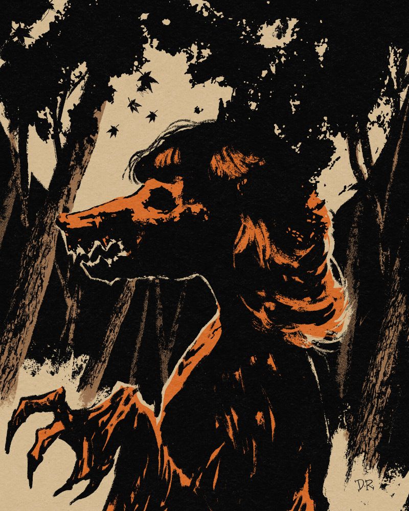 A profile view of a girl with a skeletal wolf face. Her hairy arm creeping up her side.