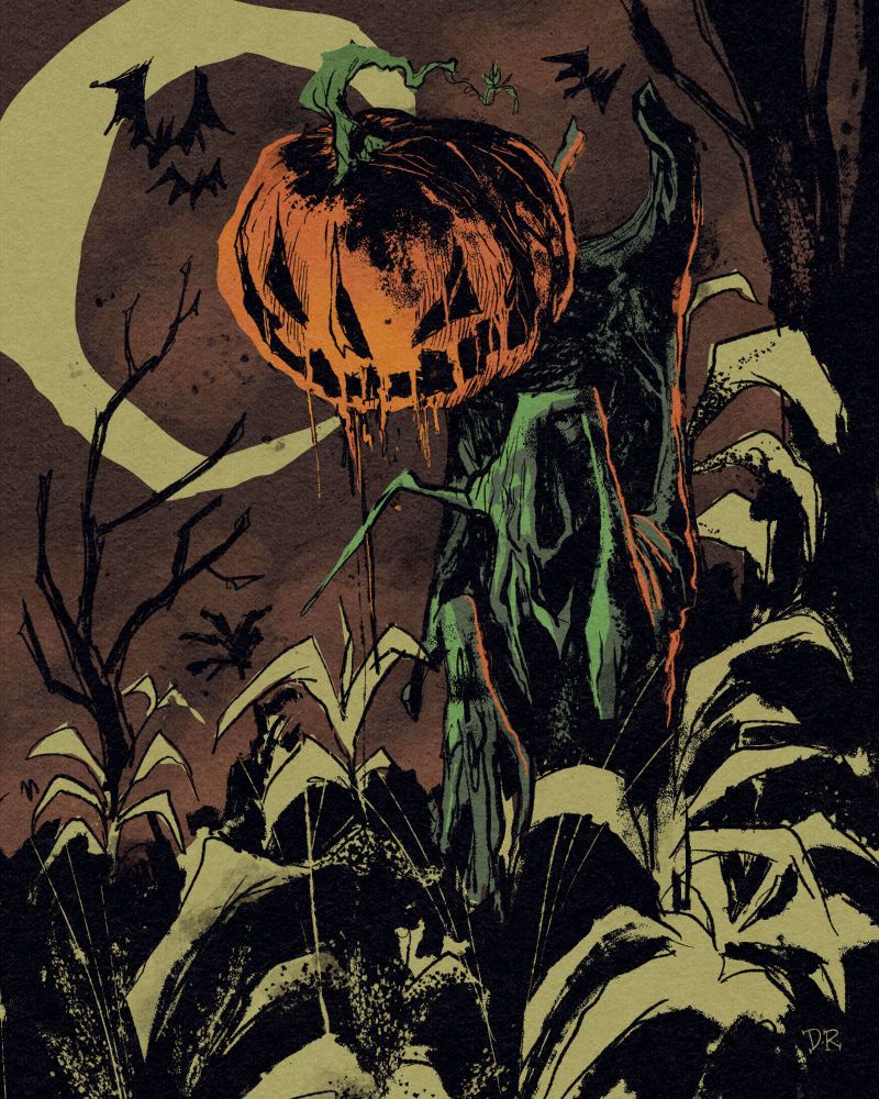 A creature that is almost like someone had turned a corpse into a scarecrow and it had just rotted and mummified, standing in a cornfield among burnt trees, over time.