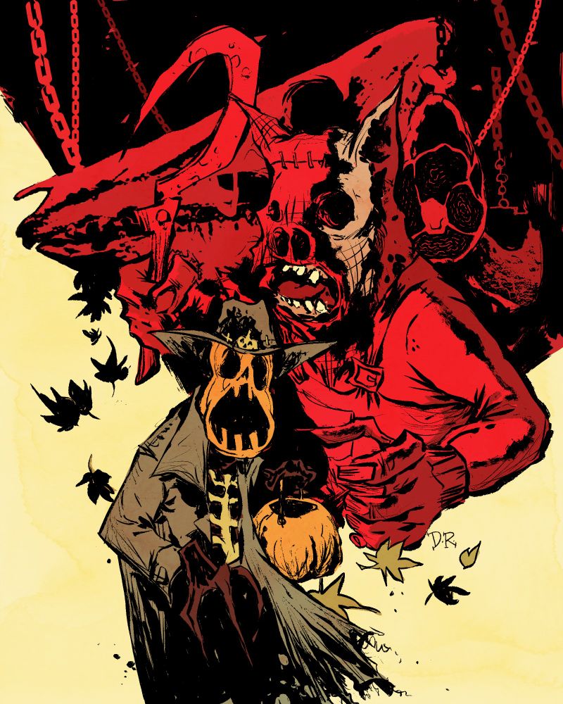 A composed piece with my character The Cowboy, his face a distorted jack o lantern face, wearing a duster and holding a pumpkin bucket - standing in front of Scareswine, a burlap face holding piles of rancid meat holding a sythe. A large cow skull and various hanging meats provide the backdrop.