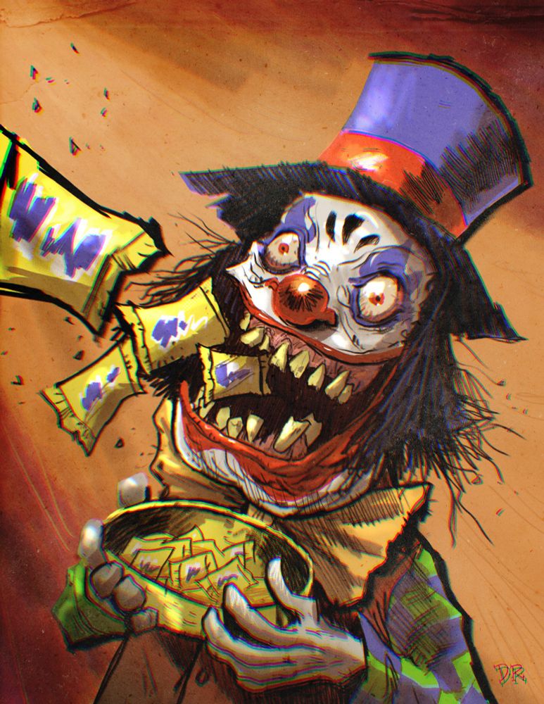A weird-looking clown wearing a top hat and holding a candy bowl, flinging bite-sized candy bars out of his mouth.