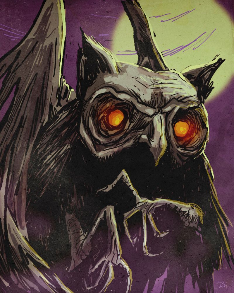 A large creature with a big owl head and wings made of shredded fabric, against a purple sky and greenish moon. Its eyes are glowing red!