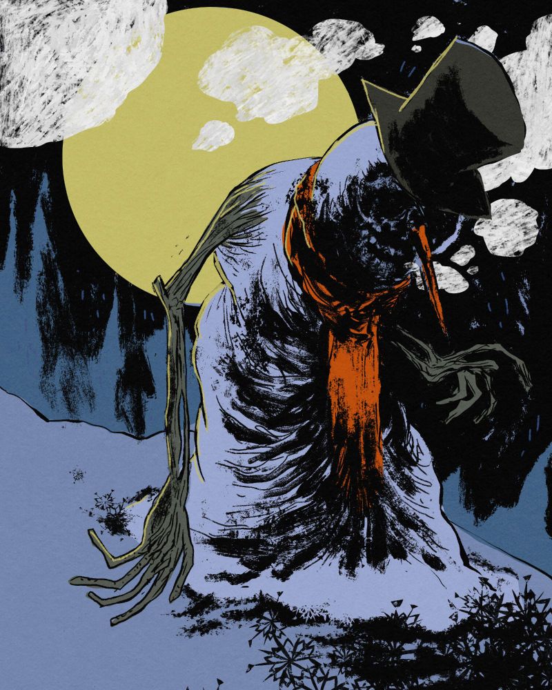 A snowman sludging through a snow bag, breathing heavily as its body heaves in and out revealing a skeletal ribcage. He has a carrot nose, an orange scarf, and a top hat.