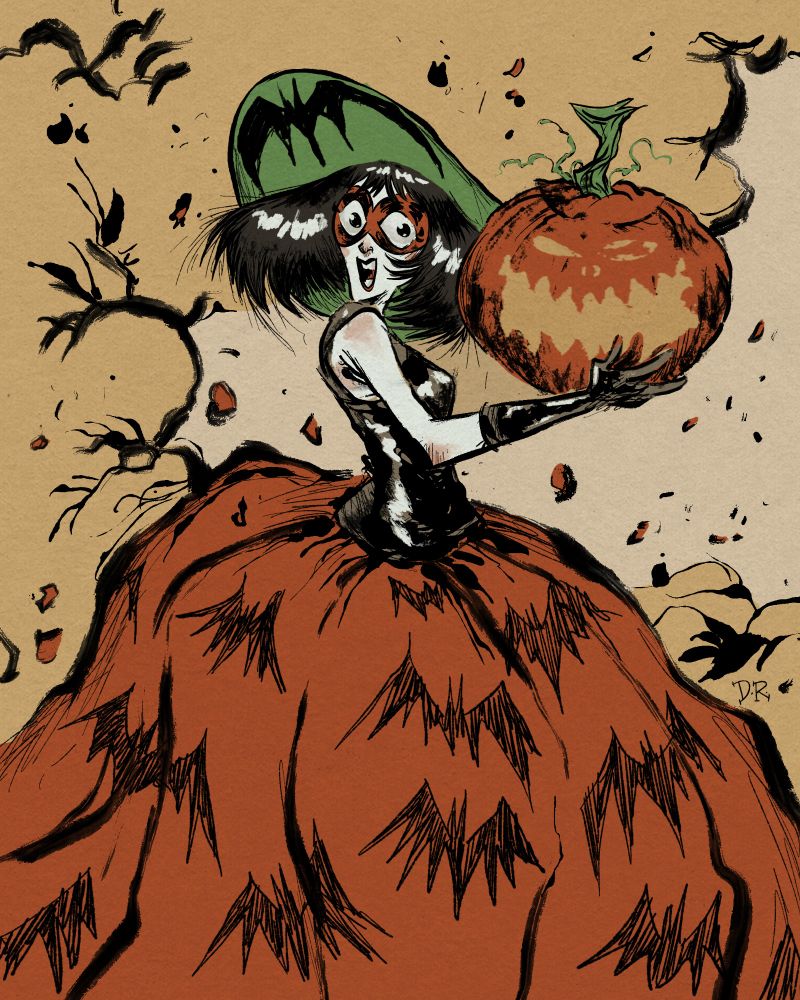 A woman wearing a giant orange dress and green hat, both with bats printed on them, and an orange domino mask. She is holding a pumpkin with a glowing, distorted jack o-lantern face.