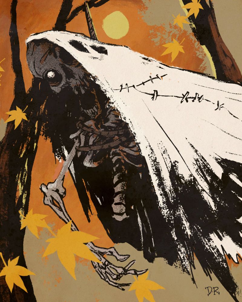 A ghost sheet hanging from a tree, blowing in the fall breeze, revealing a skeleton underneath.