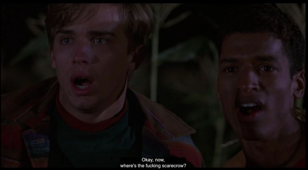 A scene from Children of the Corn 3. Two guys staring in a cornfield, with the subtitles "Okay, now, where's the fucking scarecrow?"